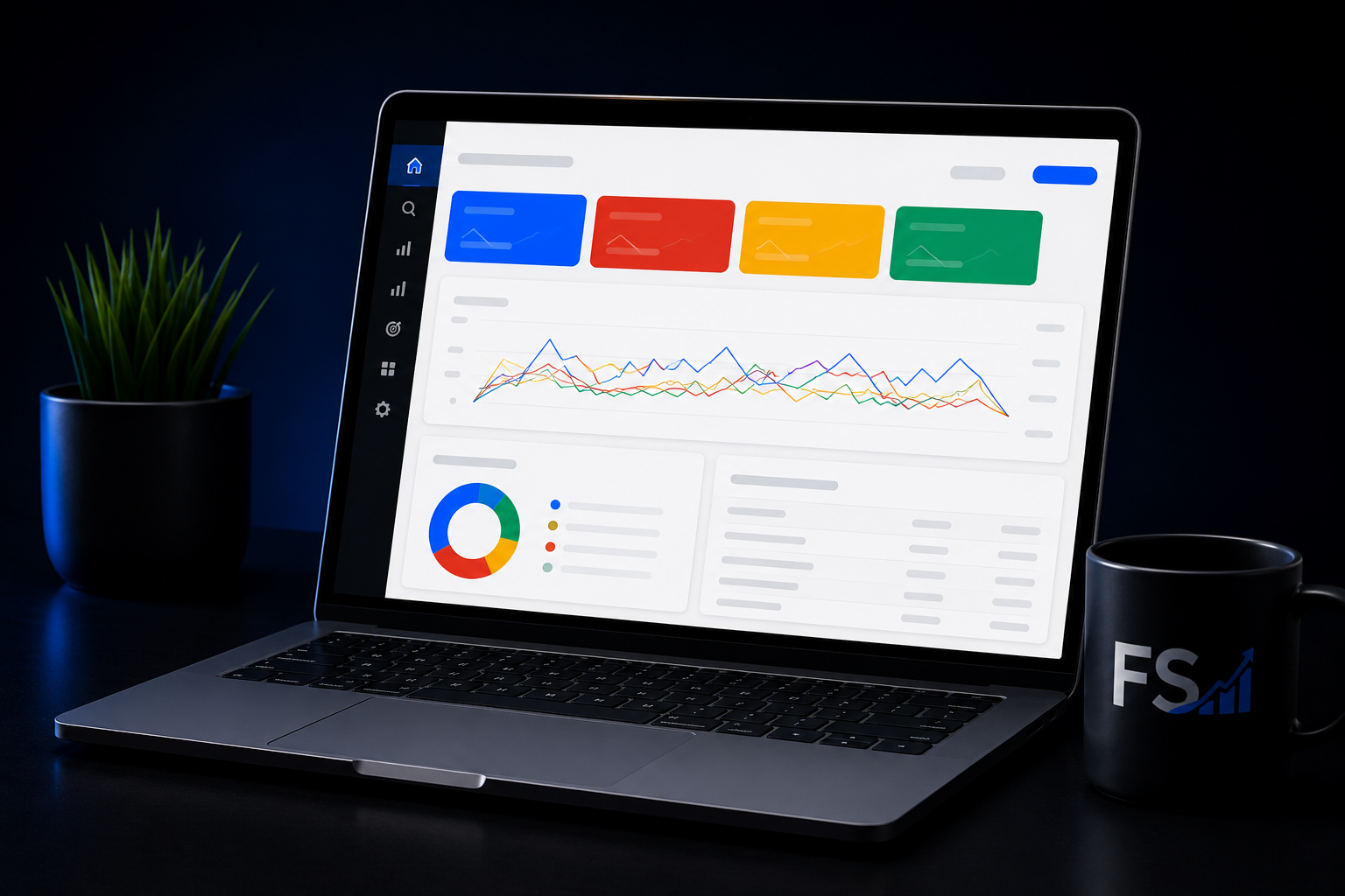 Laptop mostrando dashboard de resultados de campañas de Google Ads